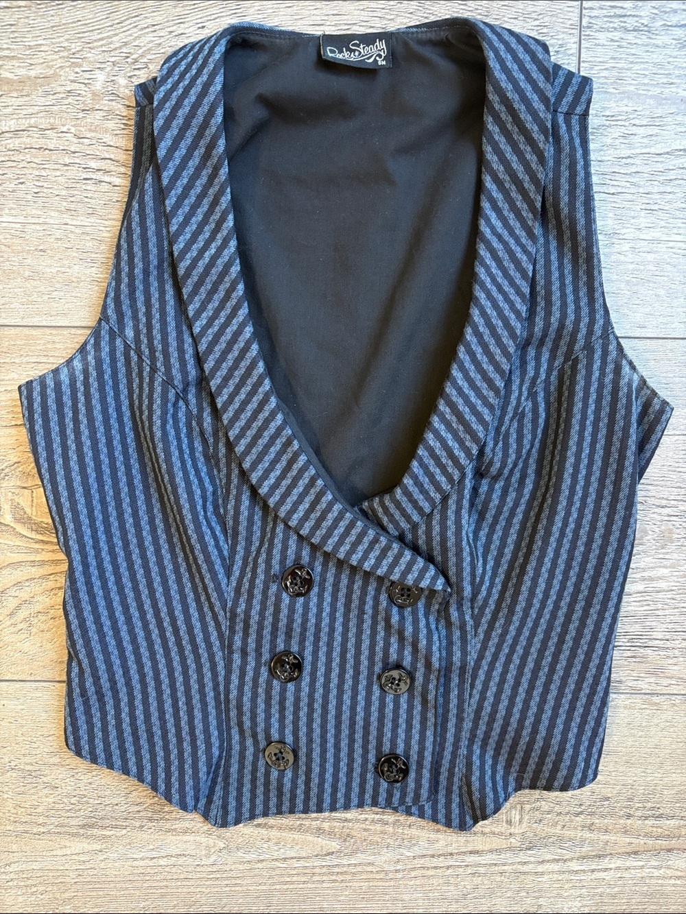 Y2K Rock Steady Double-Breasted Striped Cropped Vest Navy & Black Anchor Buttons